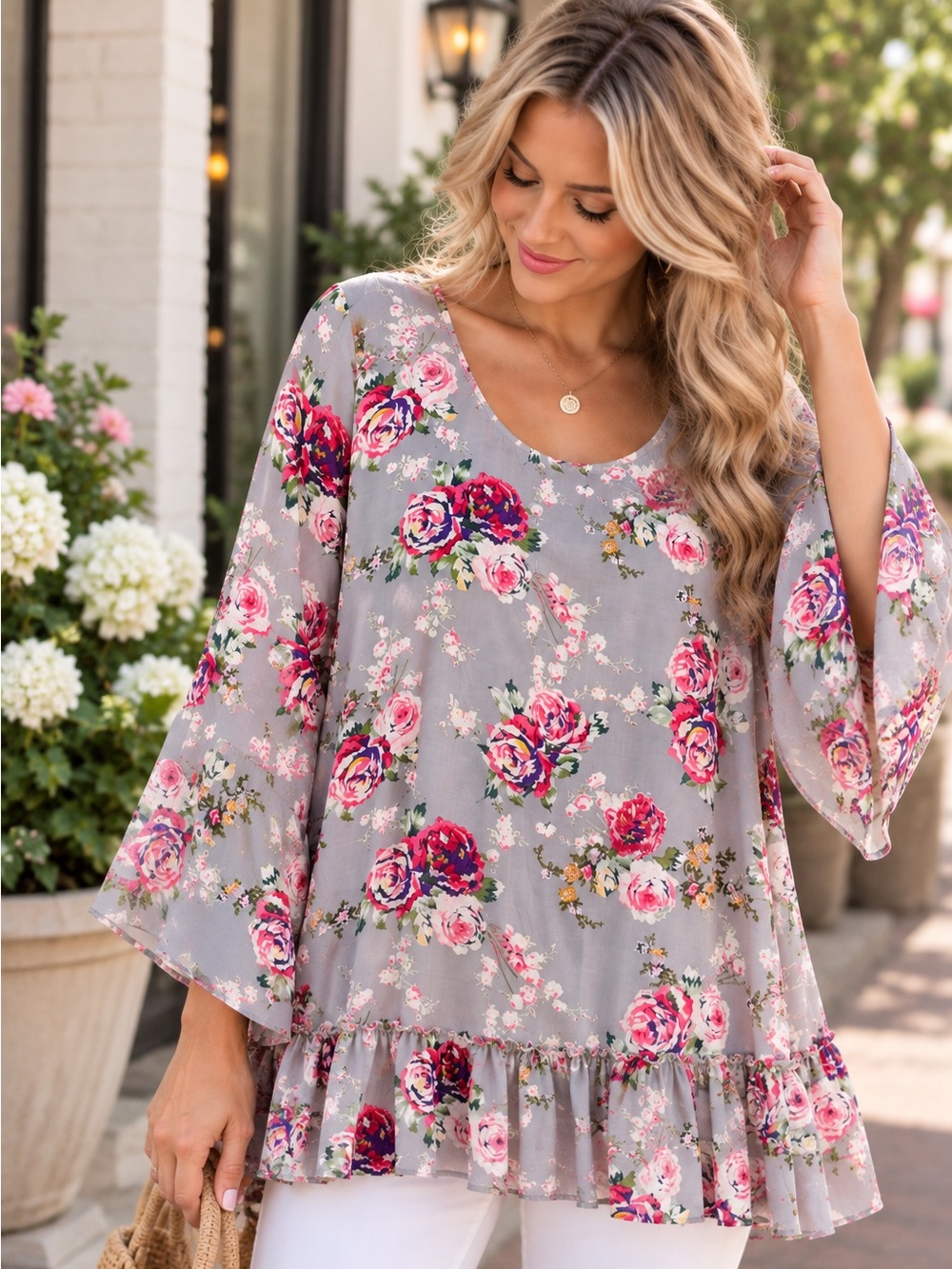 Umgee Gray Floral Ruffle Tunic Top Boho Rose Bell Sleeve Blouse L Fall Festival